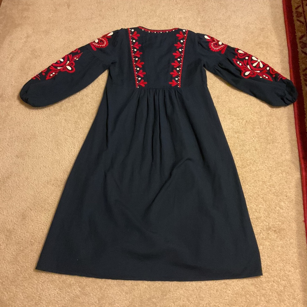 Zara Woman Boho Navy Blue Red Embroidered Tunic Long Sleeve Midi Dress Women’s L - Picture 10 of 14